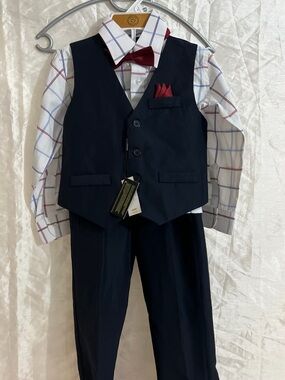 Vittorino Boys 5Pc Formal Suit Set Size 6 Navy Vest Pants Shirt Bow Tie NWT